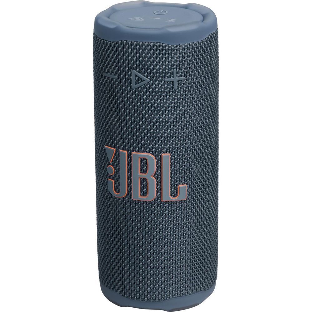 Blue JBL compact portable speaker standing front view with JBL logo