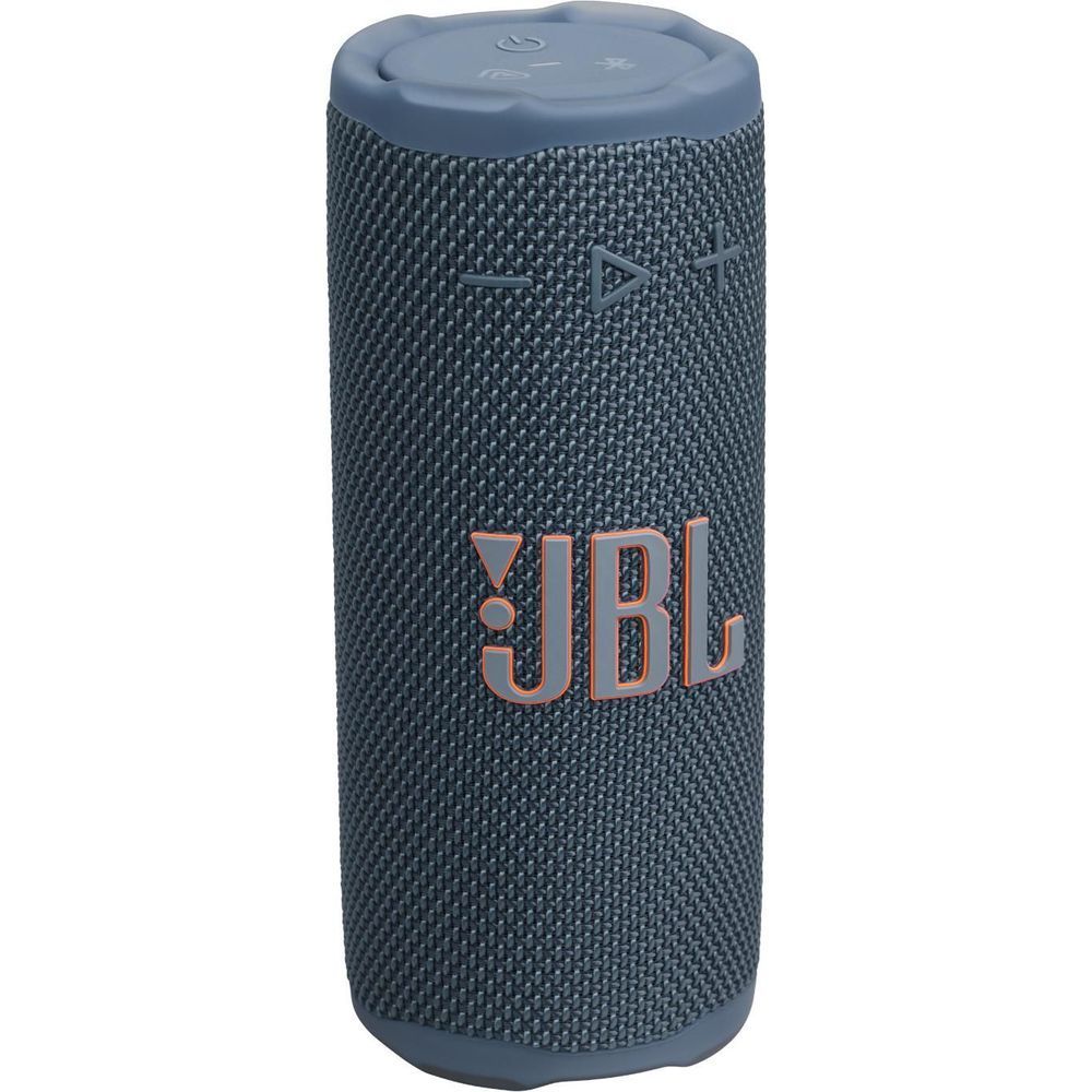Blue JBL compact portable speaker with JBL logo and top control markings