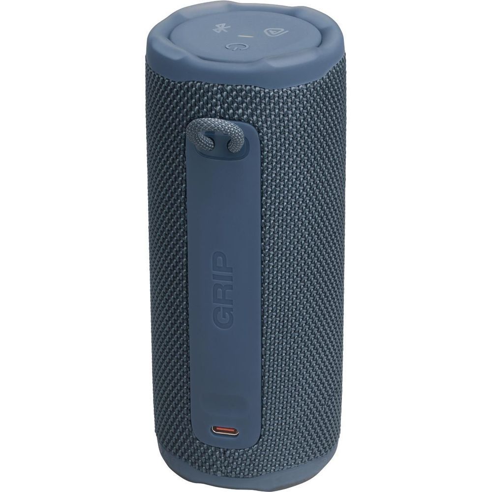 Blue JBL compact portable speaker with side grip handle and textured speaker fabric