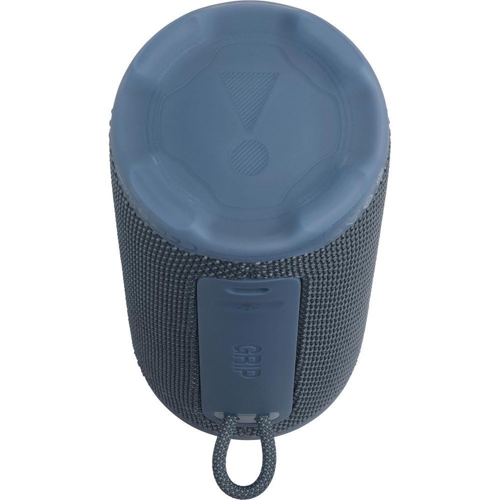 Blue JBL compact portable speaker top view with loop handle and control surface