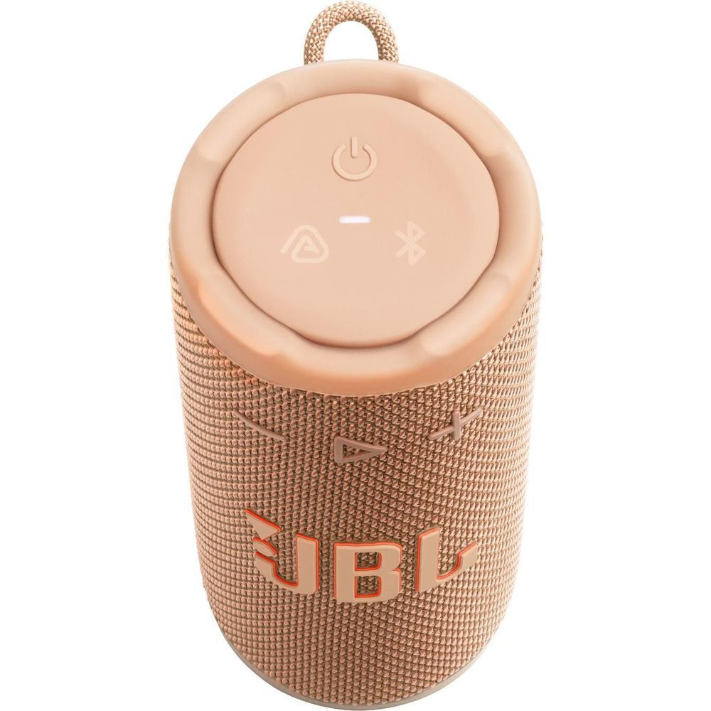 Portable JBL compact speaker top and front view with power and Bluetooth icons