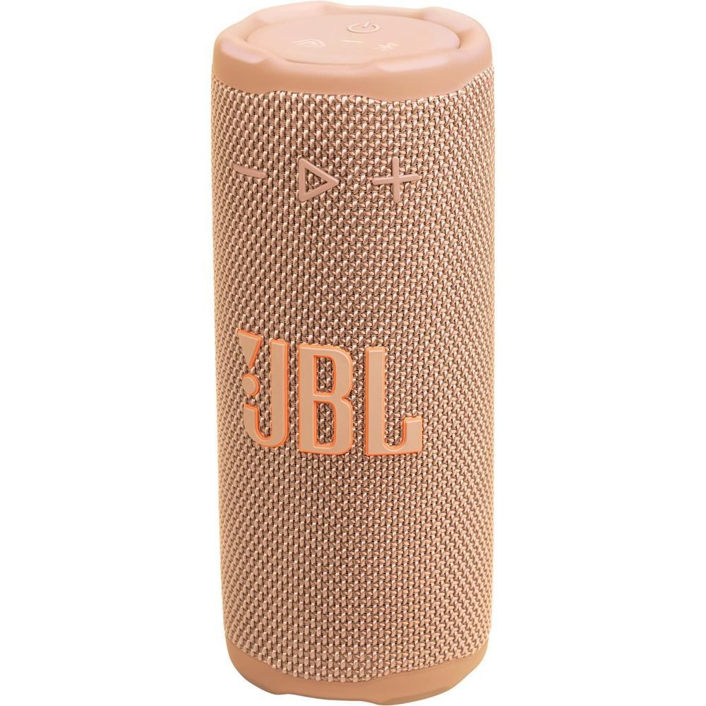 Portable JBL compact speaker front view with fabric texture and orange-toned body