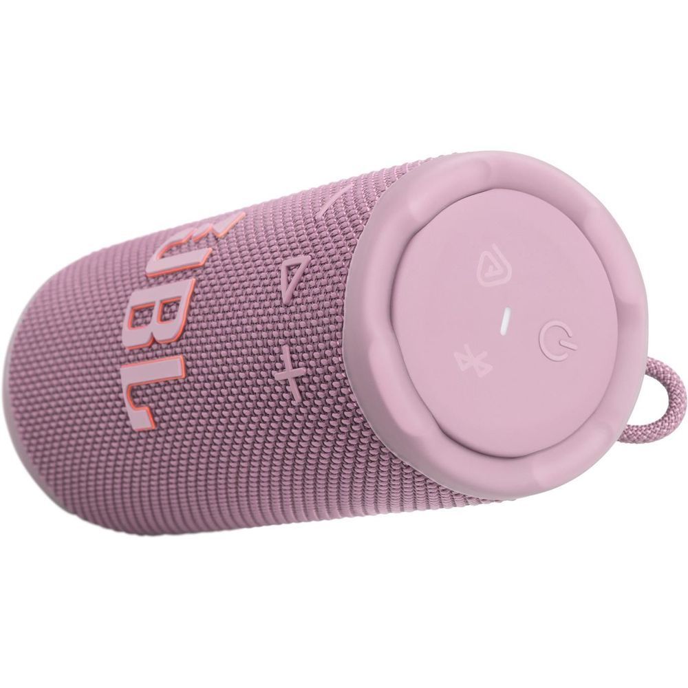 Pink JBL portable speaker with side markings and large circular top button