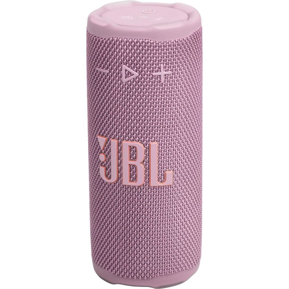 Pink JBL portable speaker with mesh texture and circular top buttons