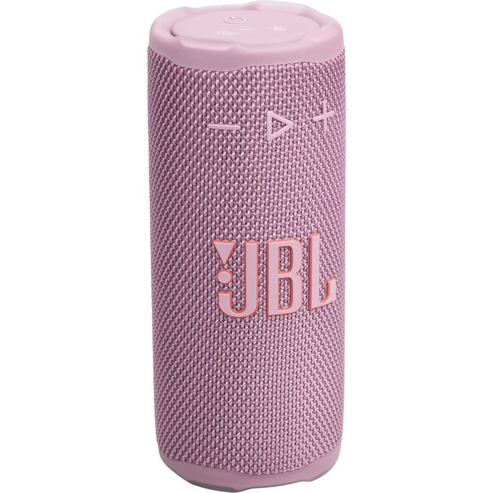 Pink JBL portable speaker front view with power controls and JBL logo