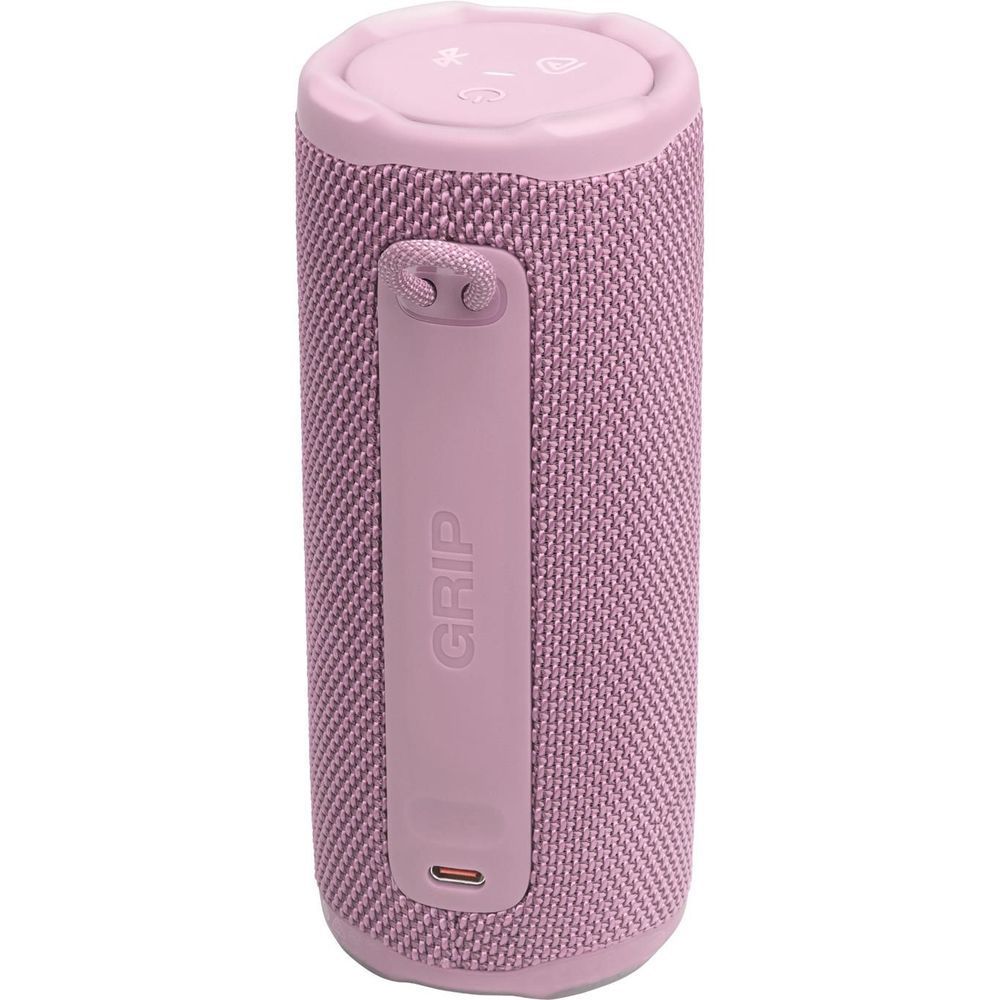Pink JBL portable speaker with GRIP strap handle and side control strip
