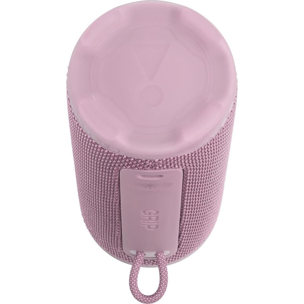 Pink JBL portable speaker top with circular control area and GRIP strap