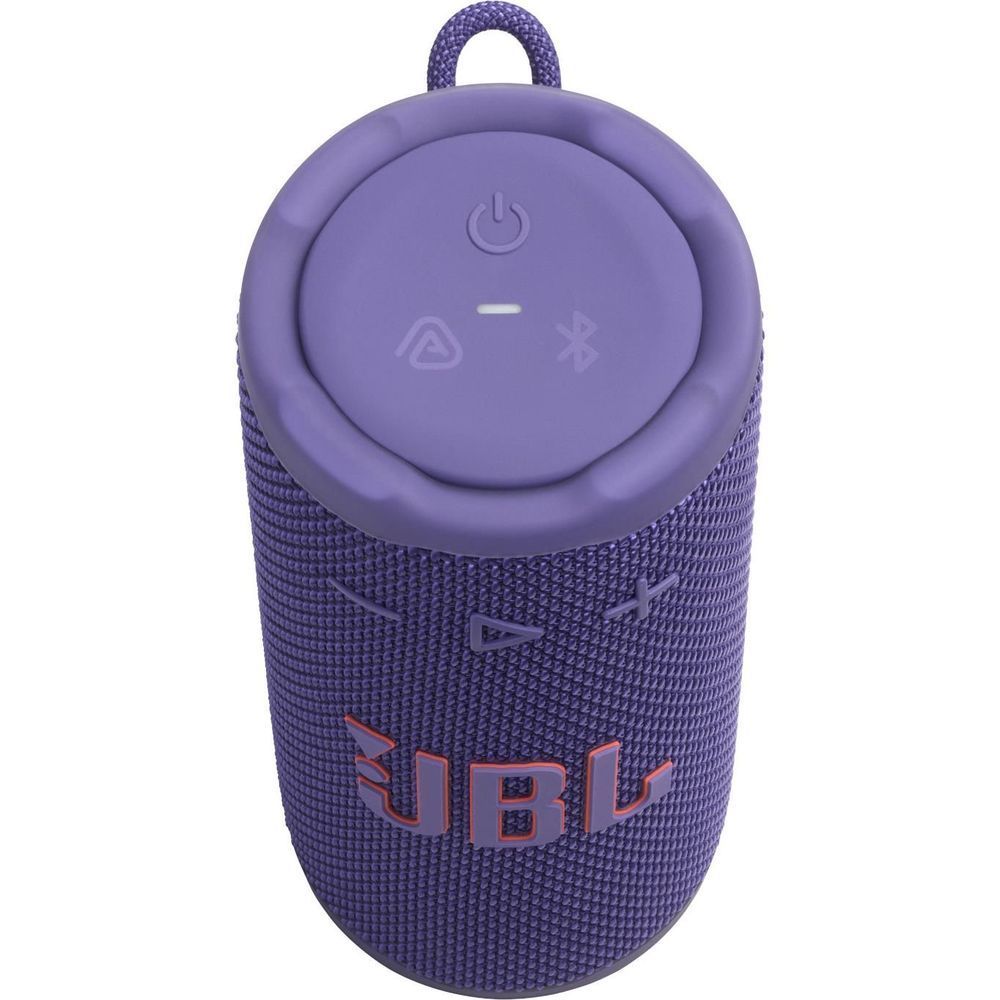 Purple JBL portable speaker with circular top control panel and buttons