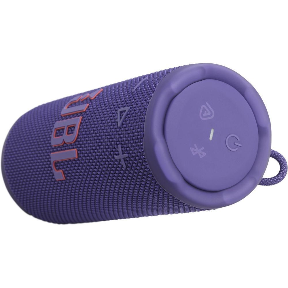 Purple JBL portable speaker angled view with JBL logo and side buttons