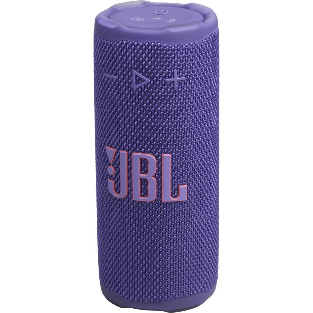 Purple JBL portable speaker front view with JBL logo and top control icons