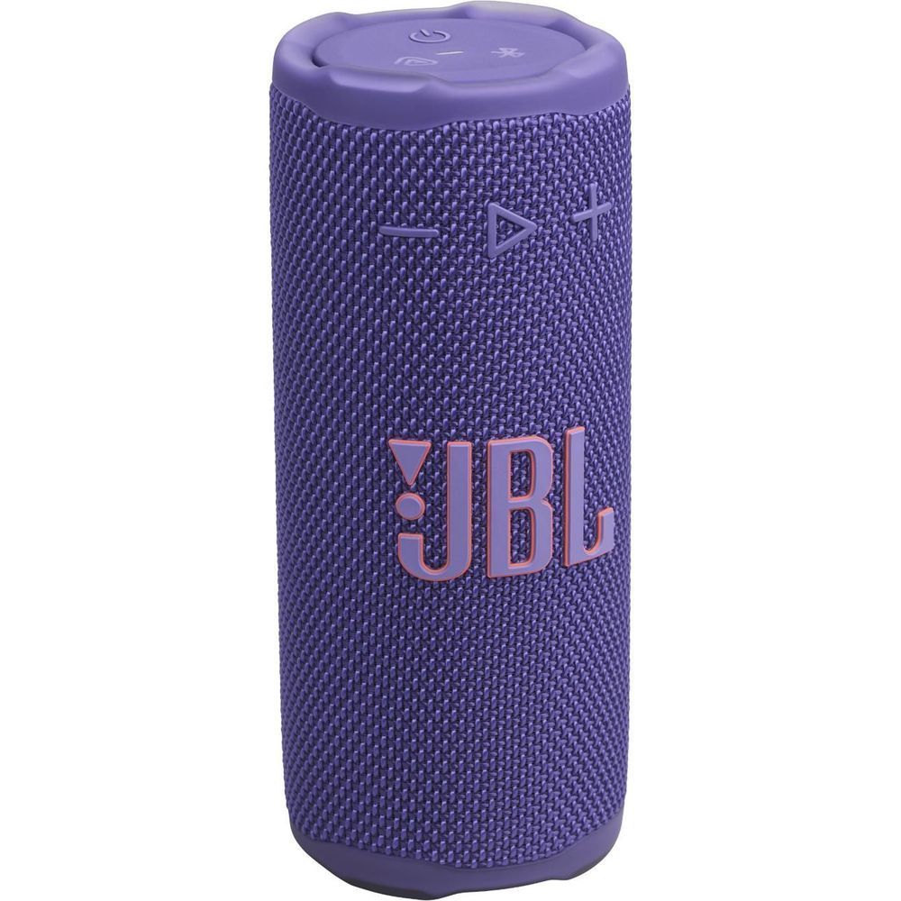 Purple JBL portable speaker showing JBL logo and navigation/volume icons