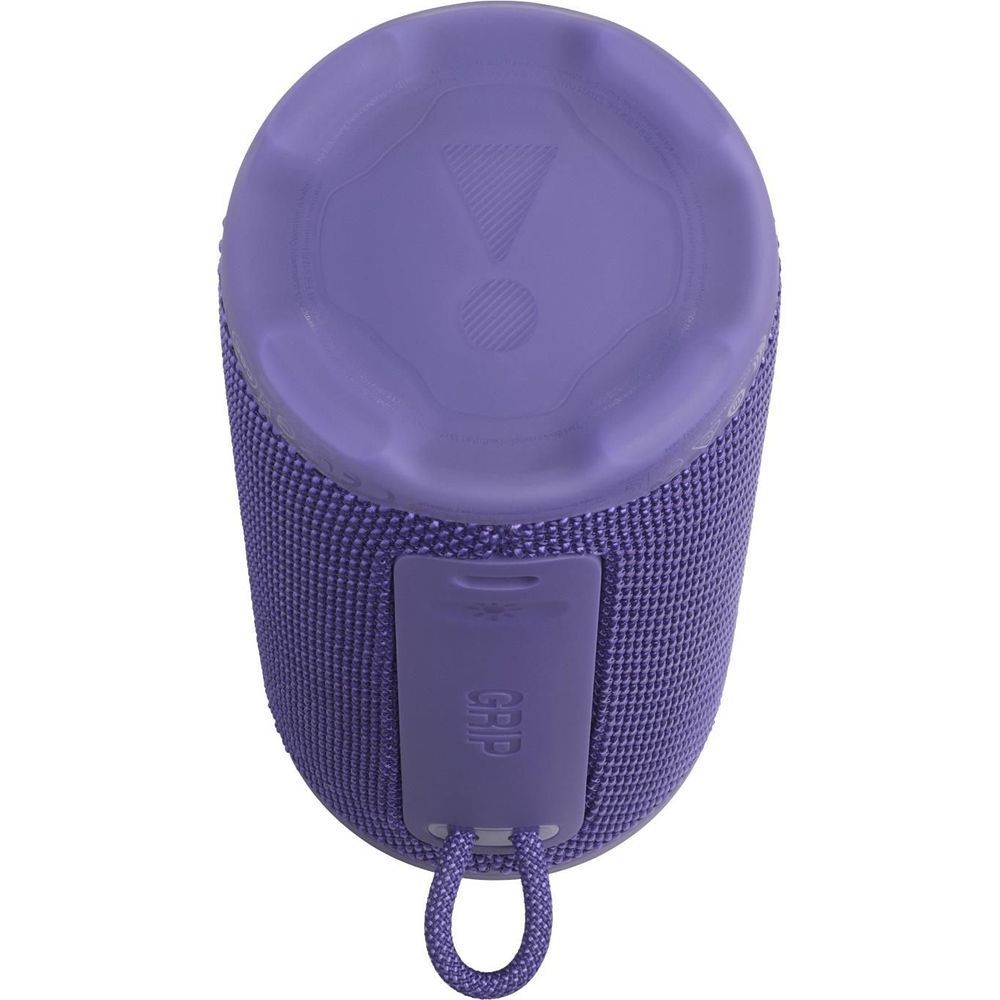 Purple JBL portable speaker top and side view with control area and strap loop