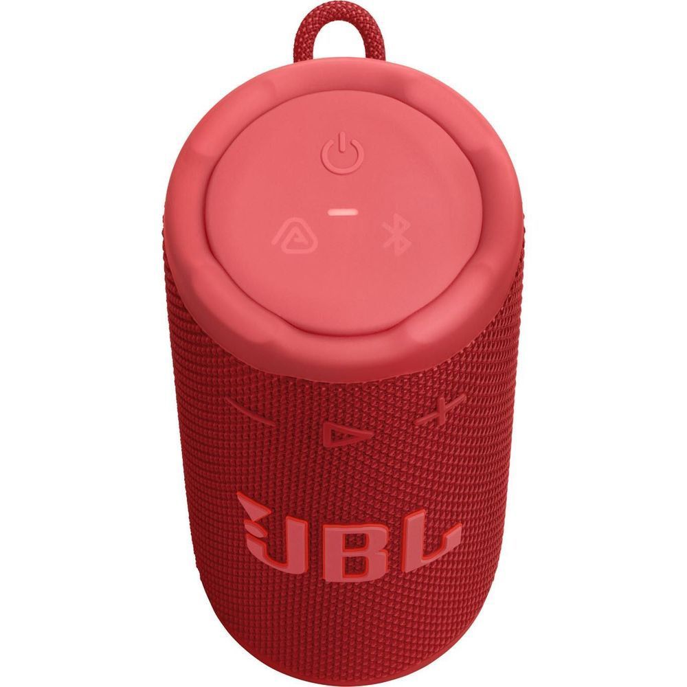 Red portable speaker top with power and ambient light control icons