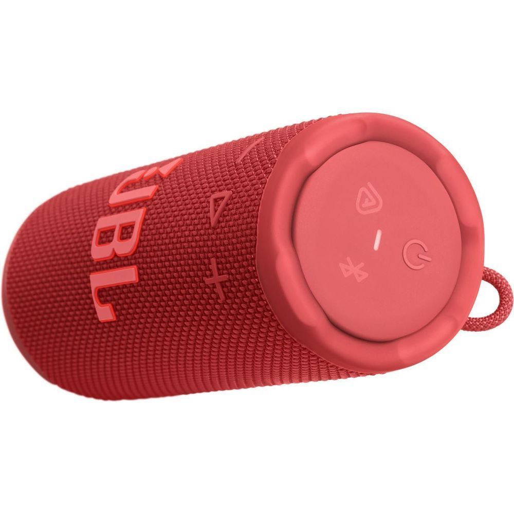 Red portable speaker angled view showing JBL branding and top control buttons