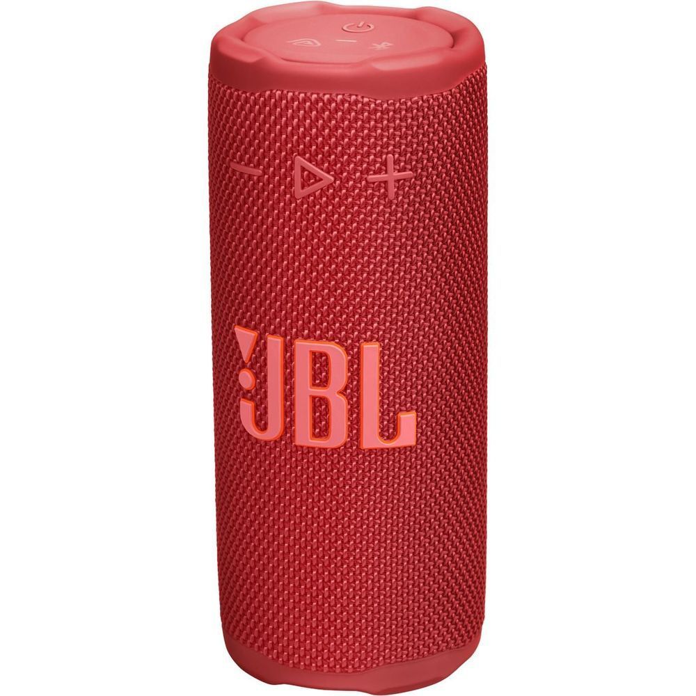 Red portable speaker front with JBL logo and top control icons