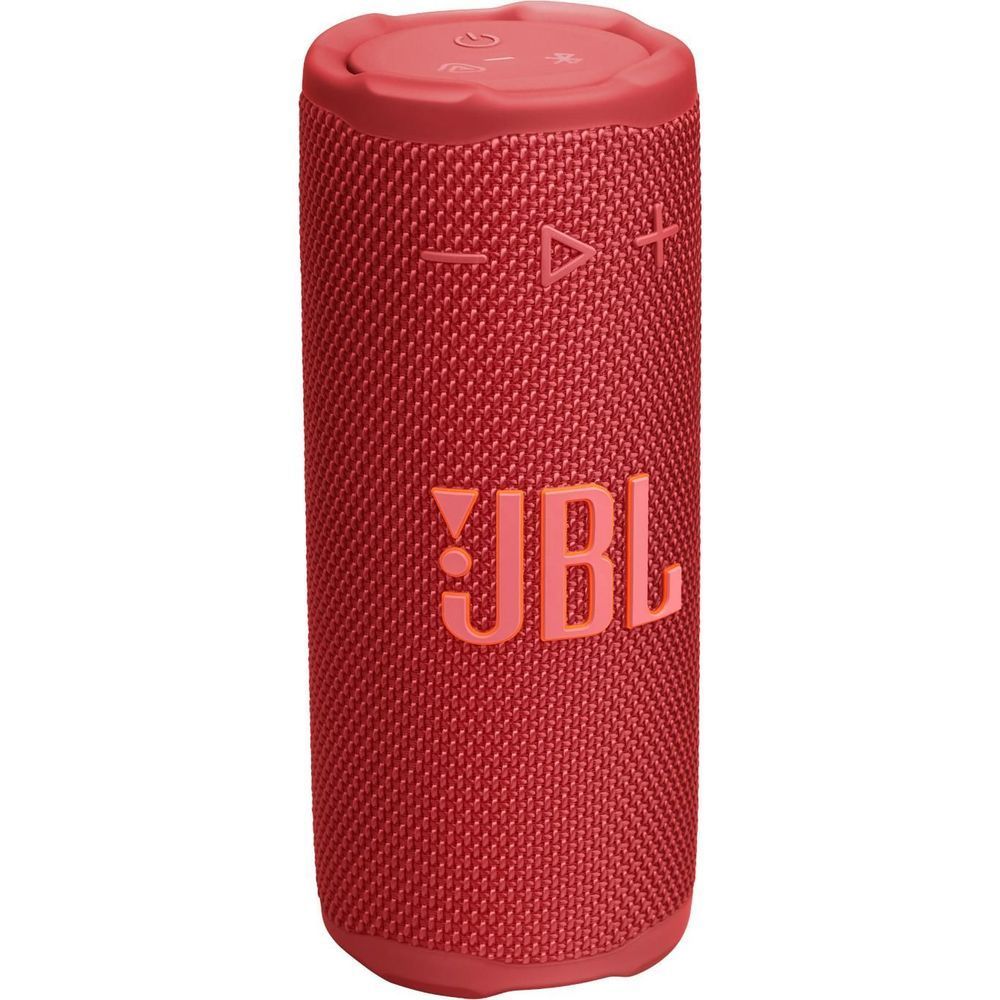 Red portable speaker front view with JBL logo and top button controls