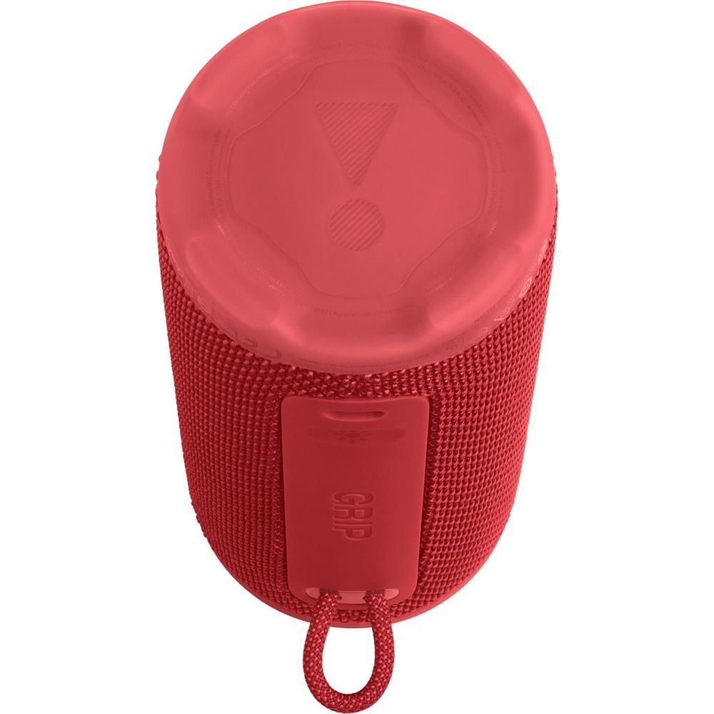 Red portable speaker top view with control icons and key loop