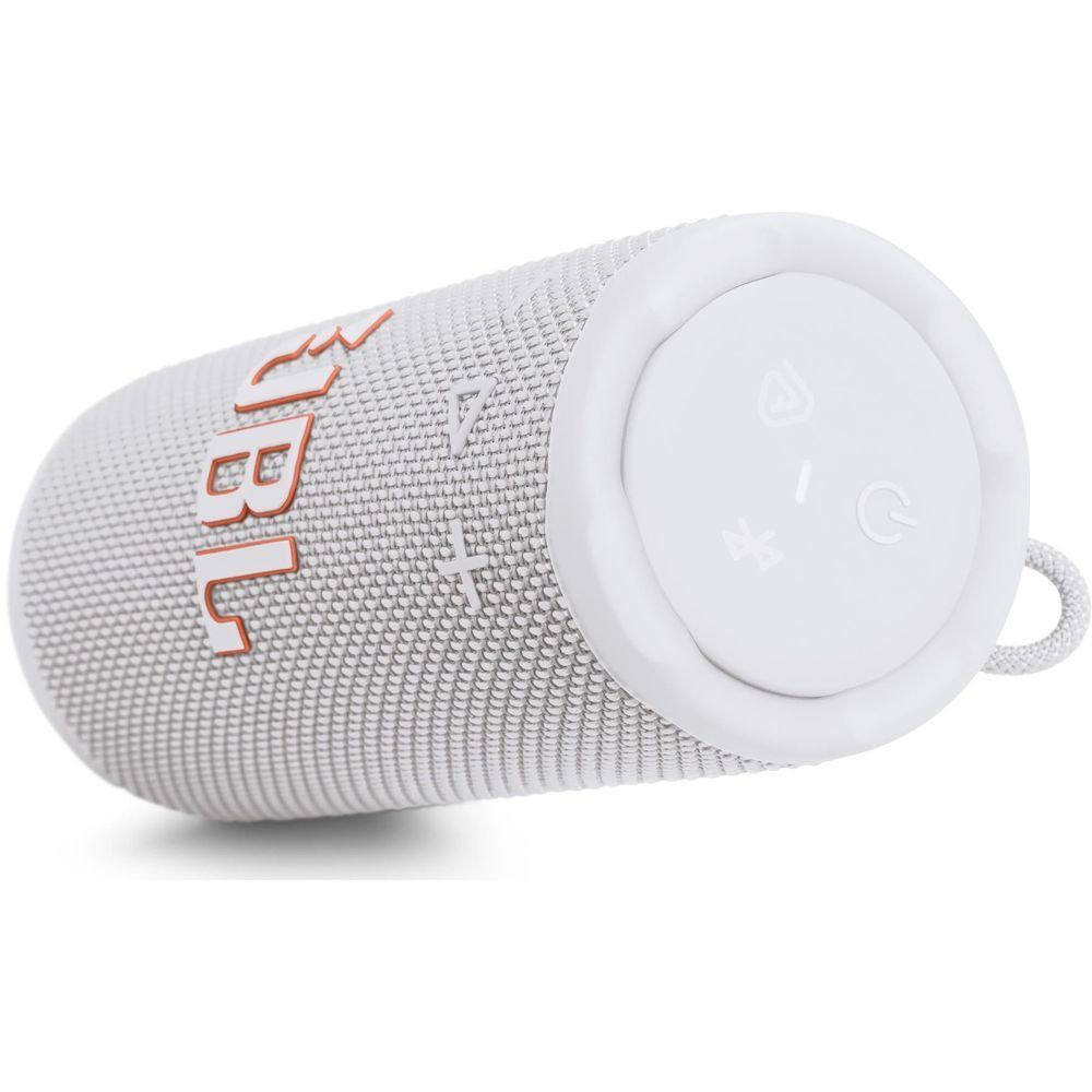 White JBL portable speaker with JBL logo and rounded end with control panel