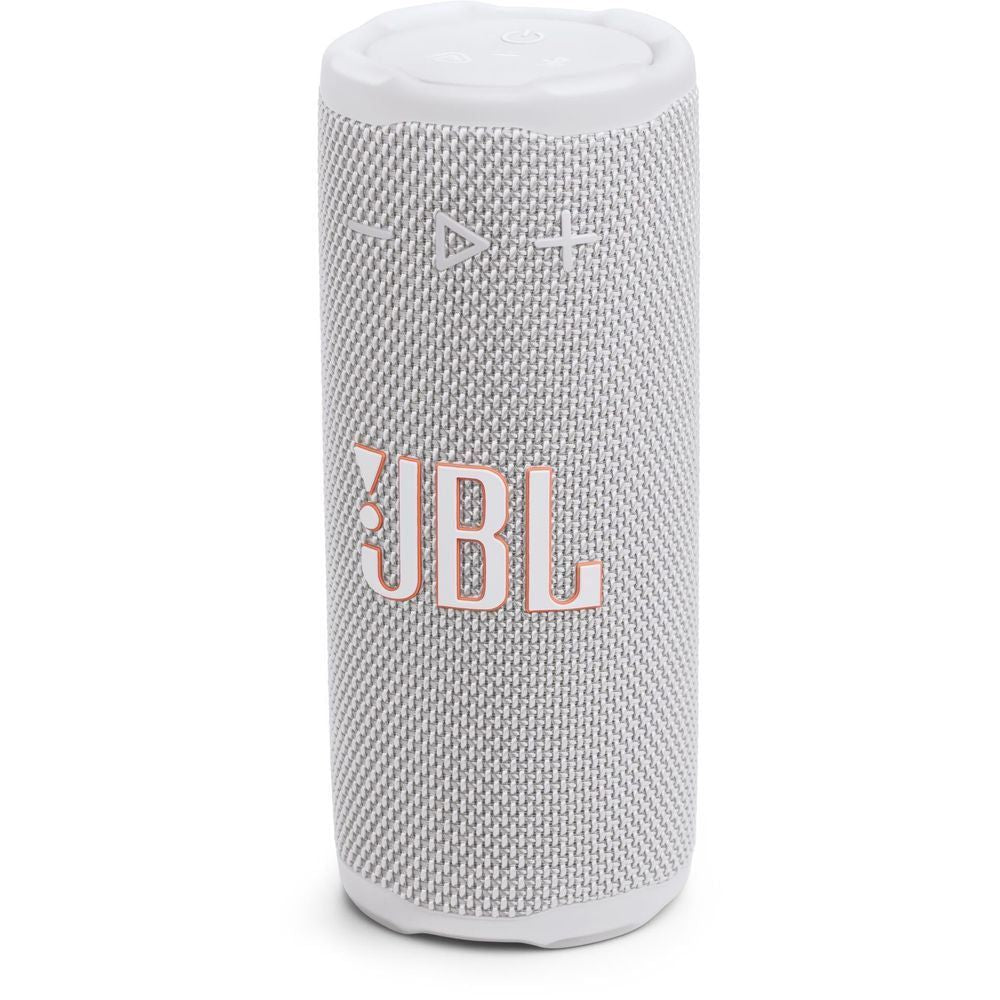 White JBL portable speaker front with JBL logo and textured fabric finish