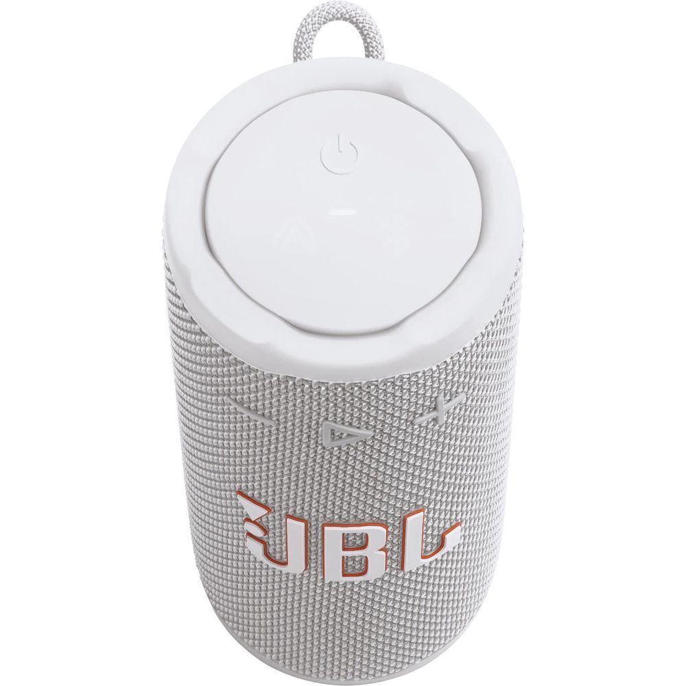 White JBL portable speaker front with round top control dial and carrying loop