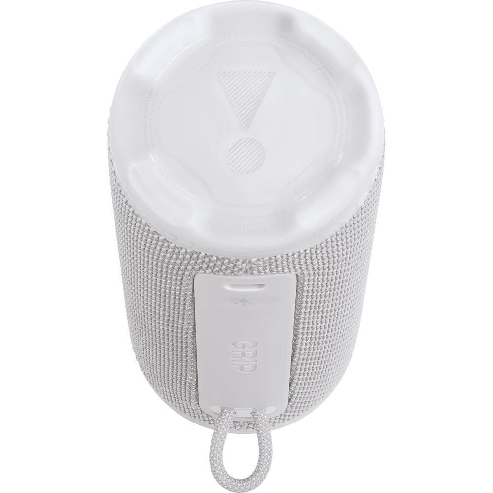 White JBL portable speaker top view with speaker grille and GRIP label