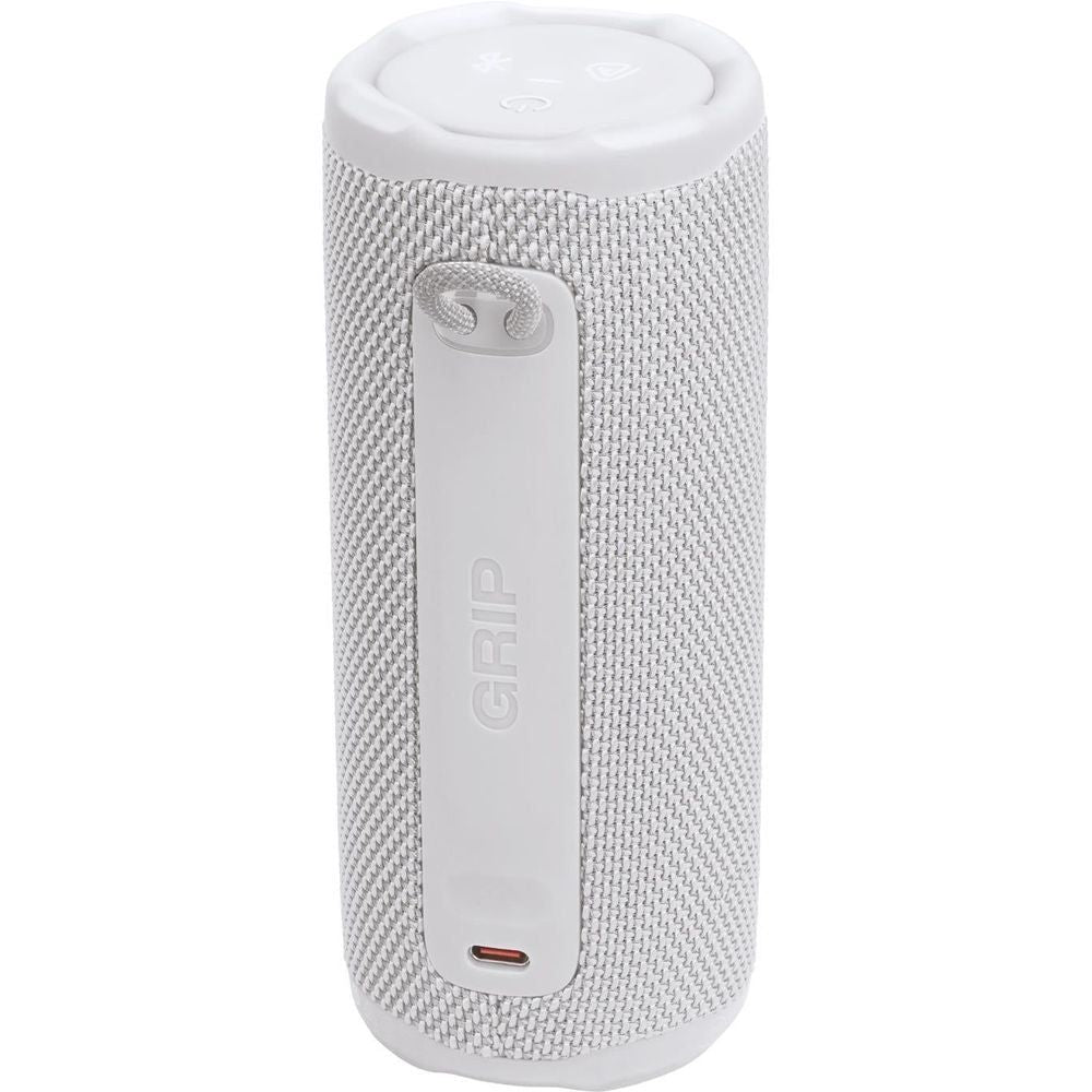 White JBL portable speaker side with GRIP label and small charging port