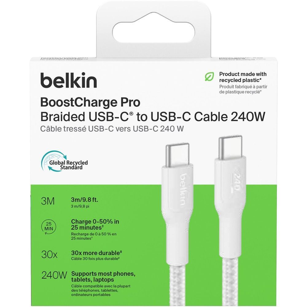 Belkin BoostCharge Pro braided USB-C to USB-C cable 240W, white 3m, box