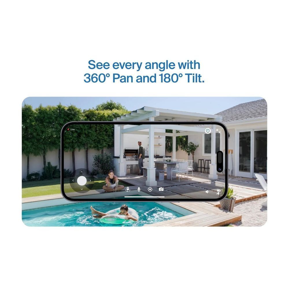 Mobile app live view showing 360° pan and 180° tilt from an outdoor security camera