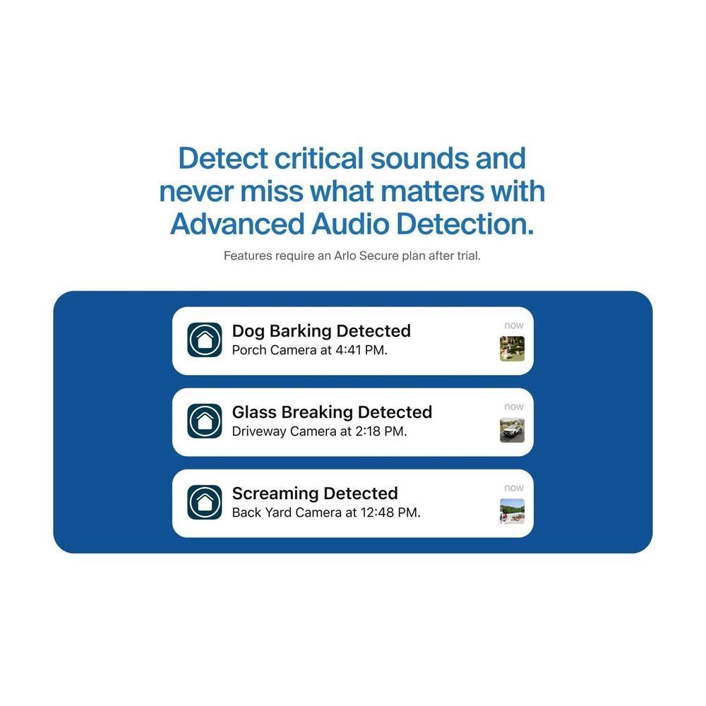 Security camera advanced audio detection alert screen: dog barking, glass breaking, screaming