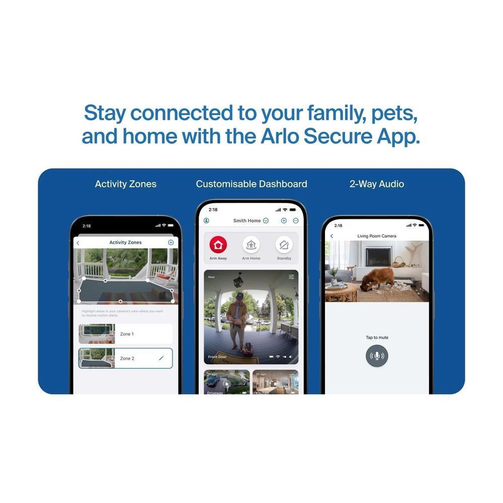 Security camera app screen showing customizable dashboard, audio, and activity zones