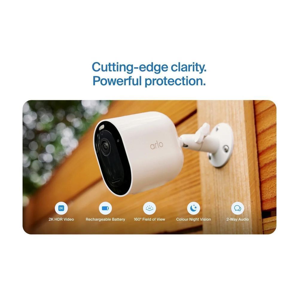 White outdoor security camera mounted on a wall bracket, black lens visible
