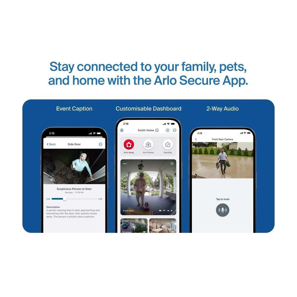 Arlo Secure App screens showing security camera event alerts on smartphones