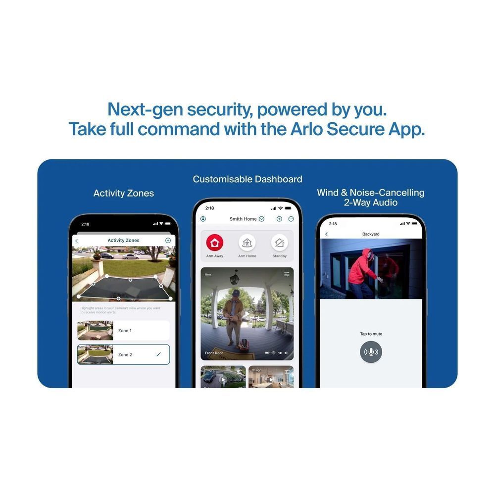 Outdoor security camera add-on app interface displayed on phone screens