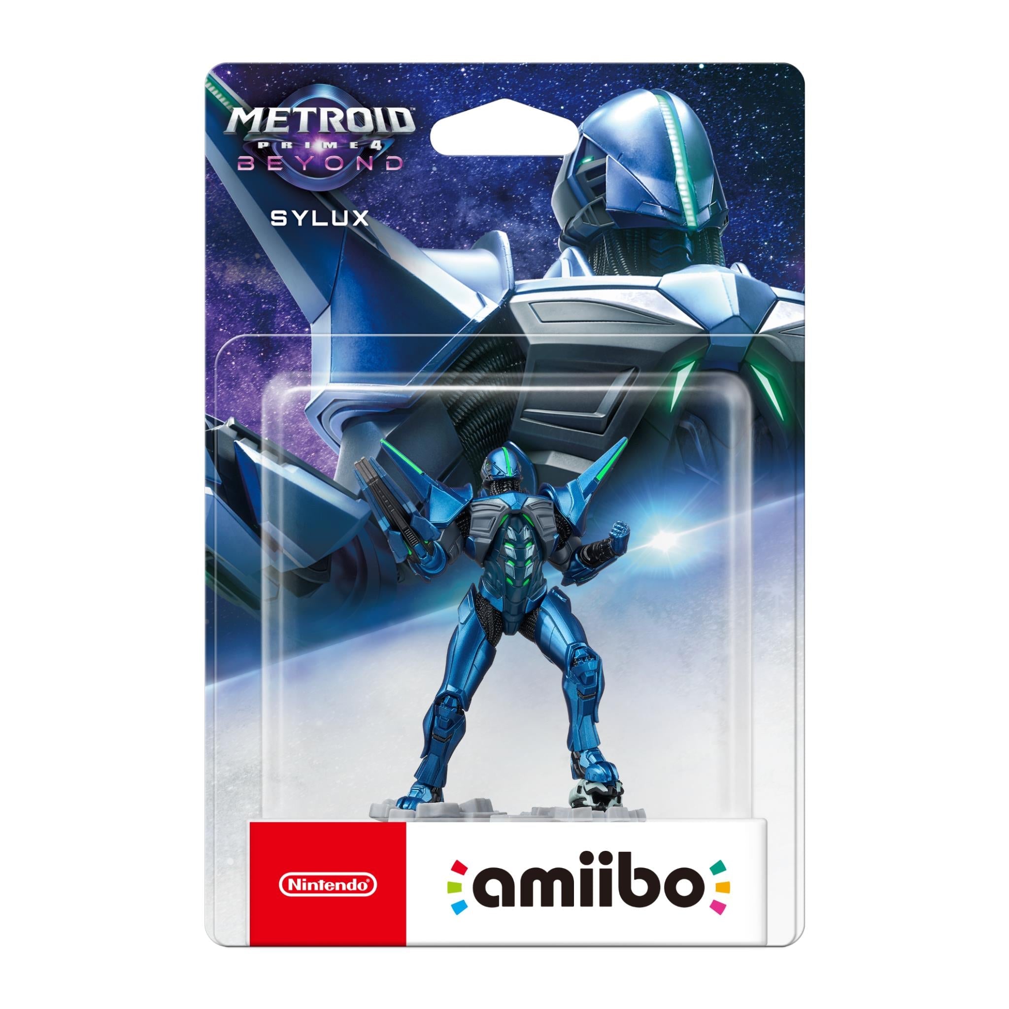Nintendo amiibo Sylux armored figure in blister packaging, metallic blue suit