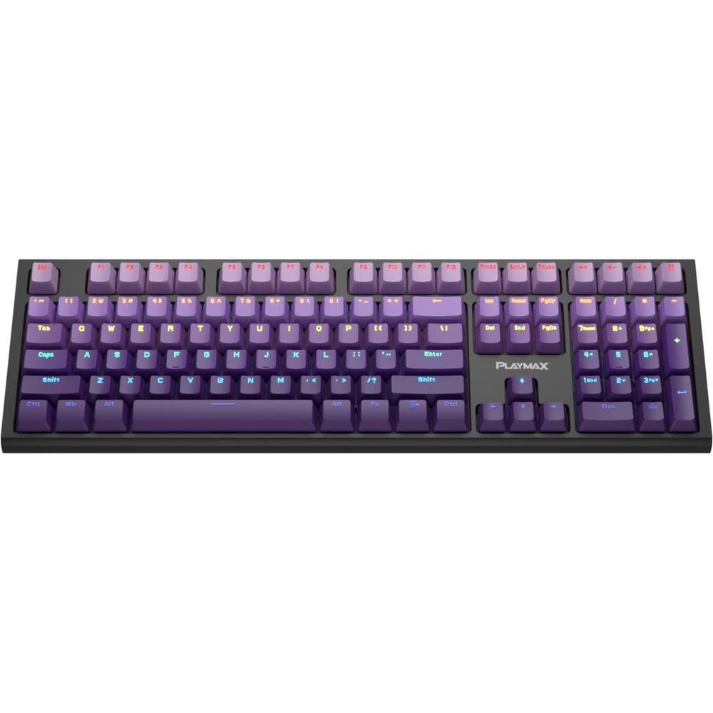 Mechanical gaming keyboard with purple key caps and RGB lighting, black base