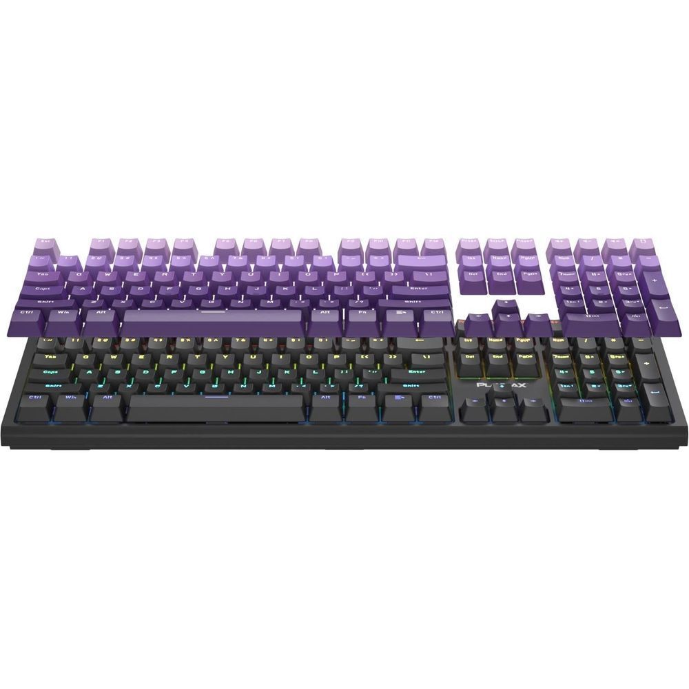 Mechanical gaming keyboard with purple key caps, RGB backlight accents, black case