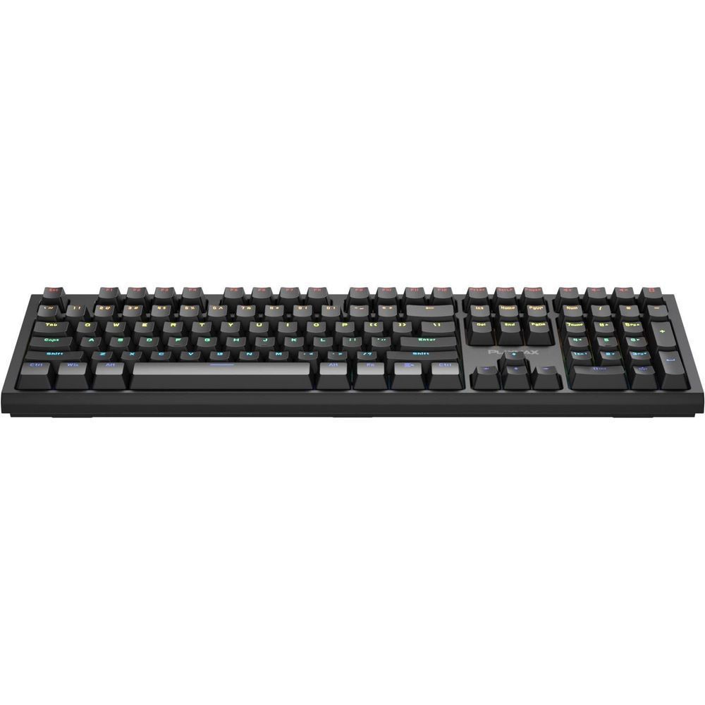 Mechanical gaming keyboard with dark key caps and RGB backlighting, black case