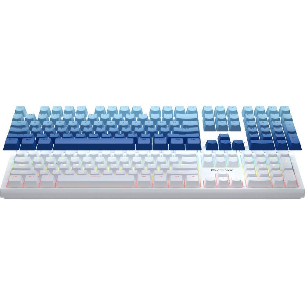 White mechanical gaming keyboard with RGB light and blue accent keycaps