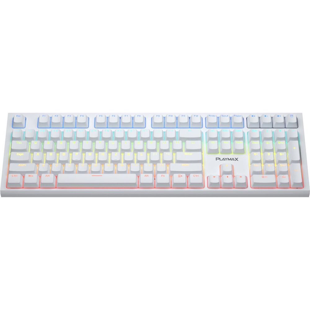 White mechanical gaming keyboard with RGB backlight and Playmax logo