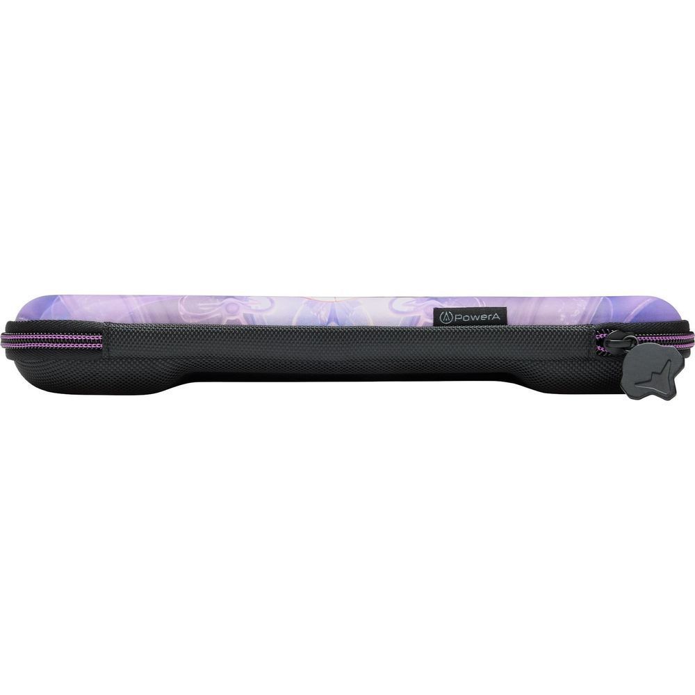 Black gaming case back with purple-lined zipper and small star-shaped zipper pull.