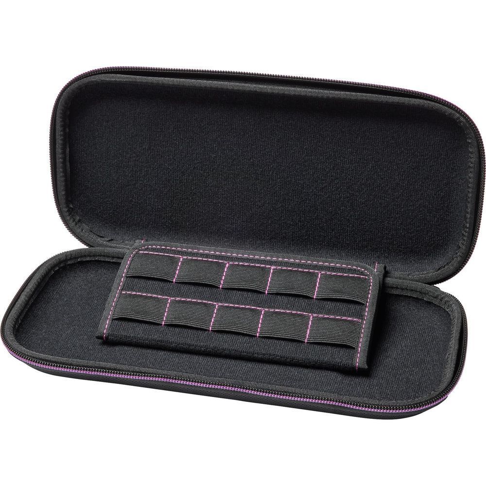 Open black gaming case with soft inner lining and elastic accessory slots.