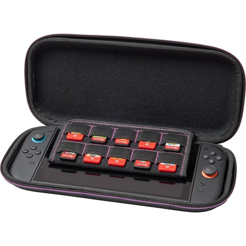 Open gaming case showing game cartridge holder slots inside.