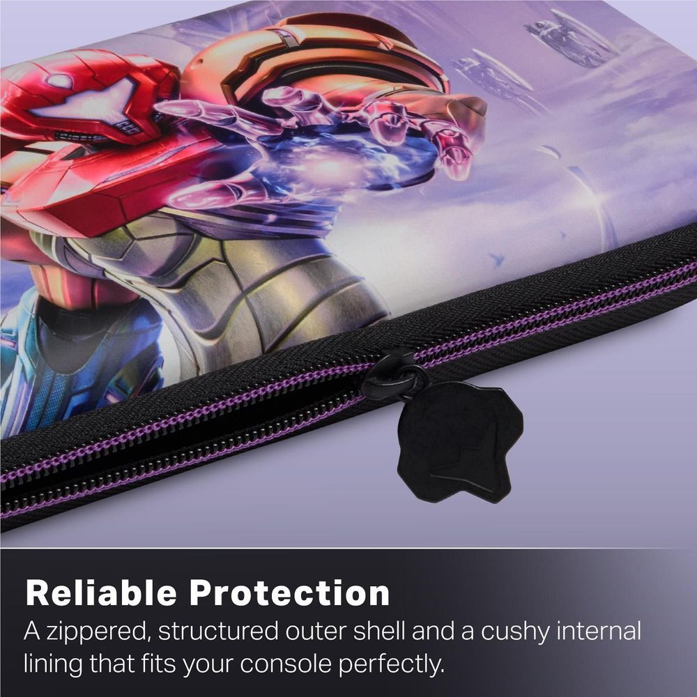 Close-up of purple case artwork, zipper track, and black star-shaped zipper pull.
