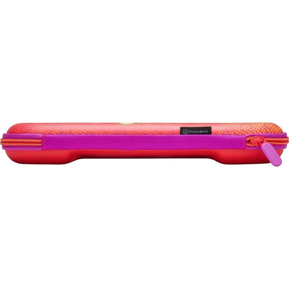 Slim zippered game console case with pink exterior and purple spine detail