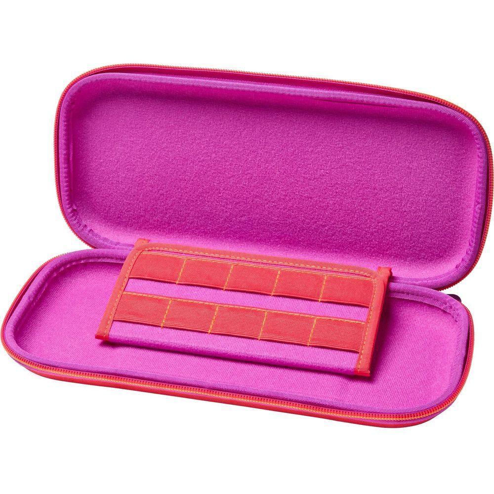 Open slim zippered game console case with purple interior lining and orange organizer pocket