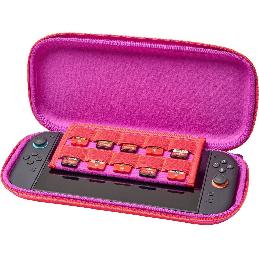 Open slim zippered case showing game console support and orange accessory card slots
