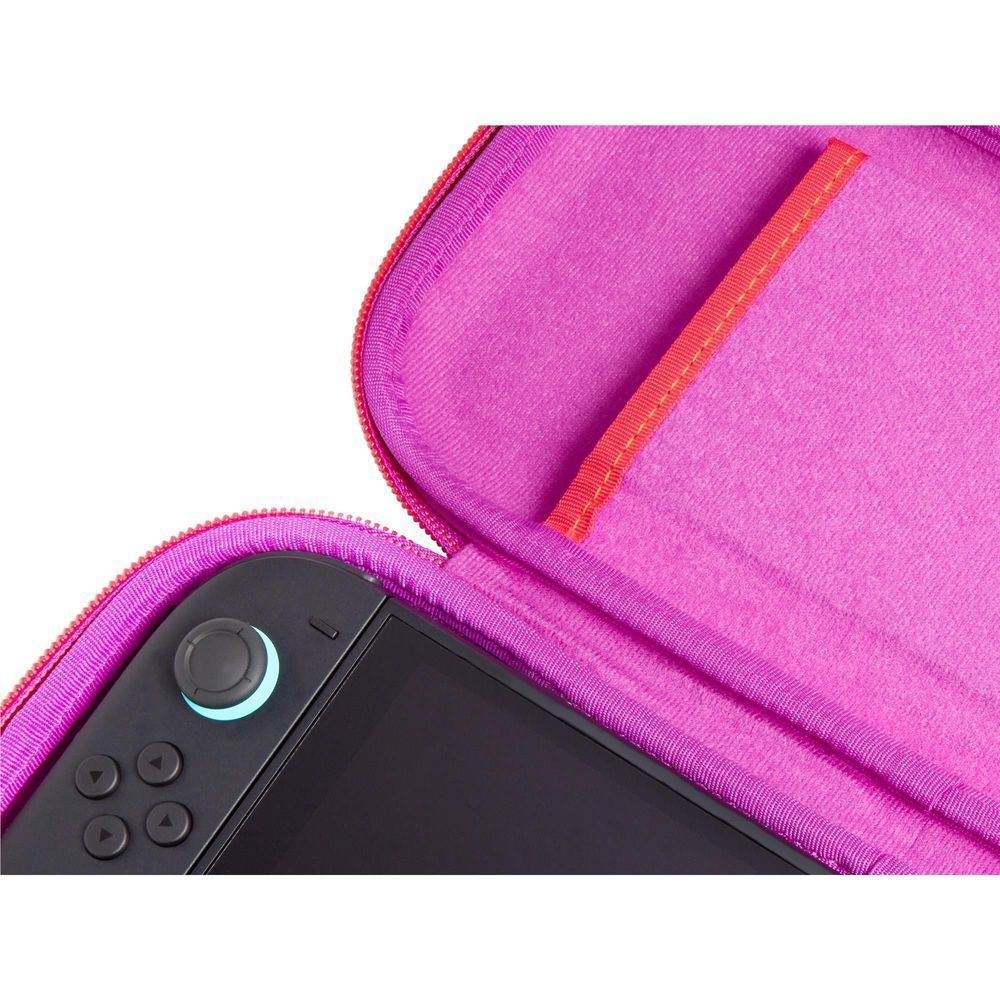 Partially closed slim zippered case with purple fabric lining and purple carry handle