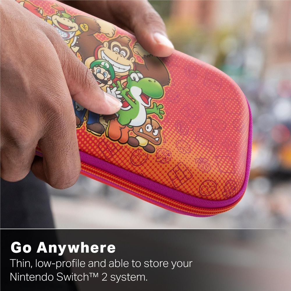 Hand holding slim zippered game console case with Super Mario character graphic