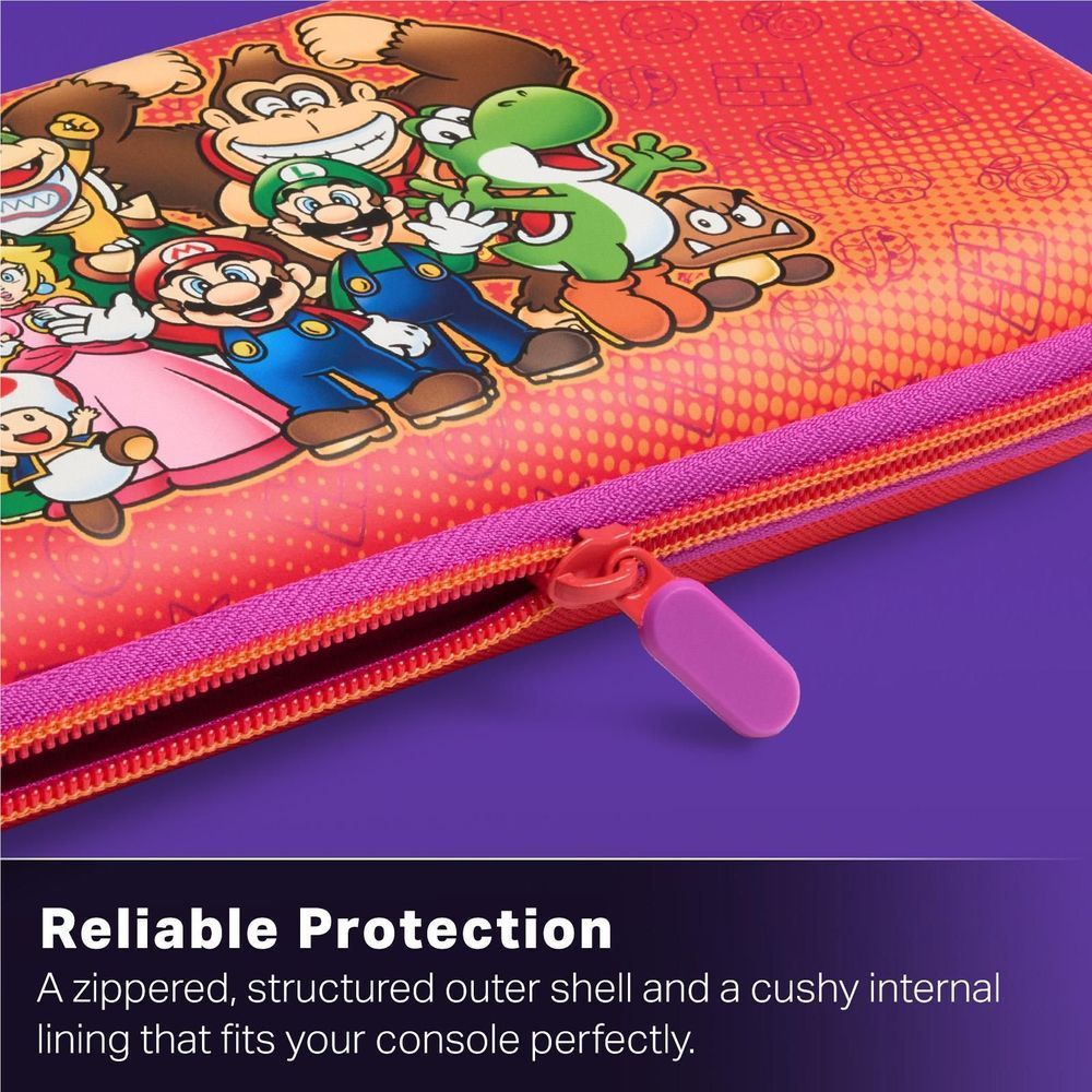 Close-up of orange-pink case with Super Mario artwork and red zipper with purple pull