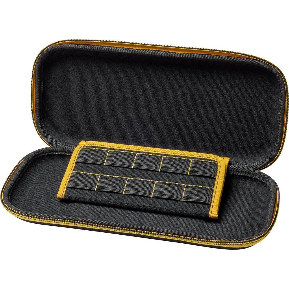 Open Switch case with gray fabric interior and yellow-bordered game card holder